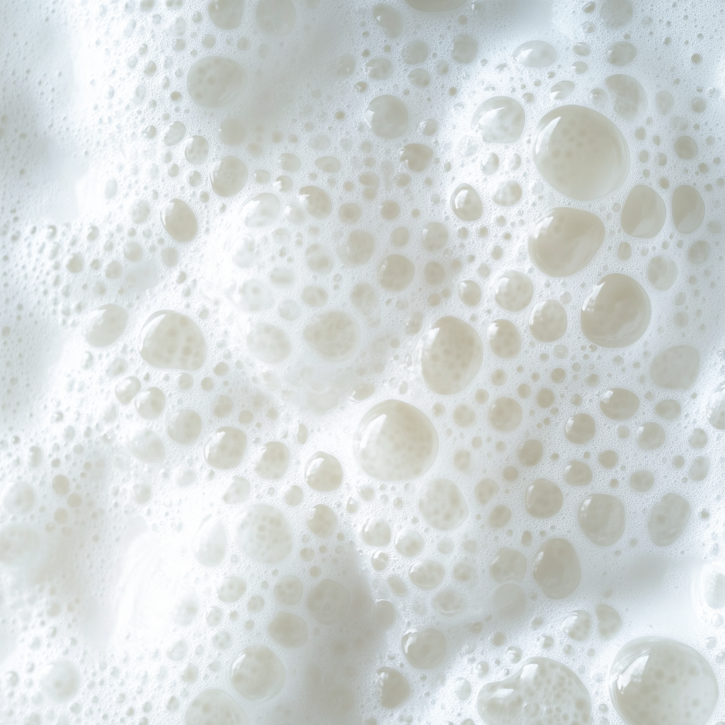 Close-up of white foam bubbles on a light gray background