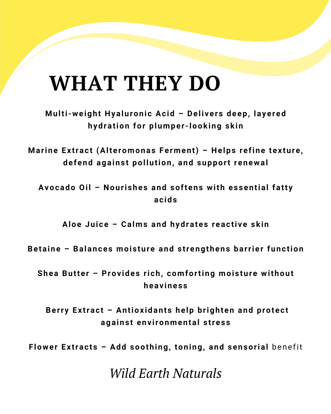 Product description card with ingredients and benefits of a skincare product from Wild Earth Naturals.