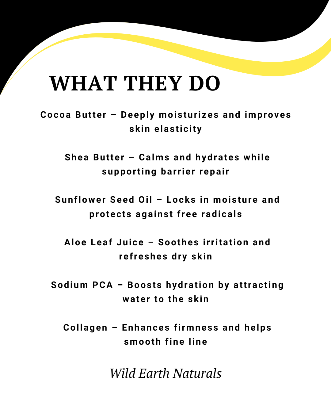 List of ingredients and their benefits with Wild Earth Naturals branding on a white background.