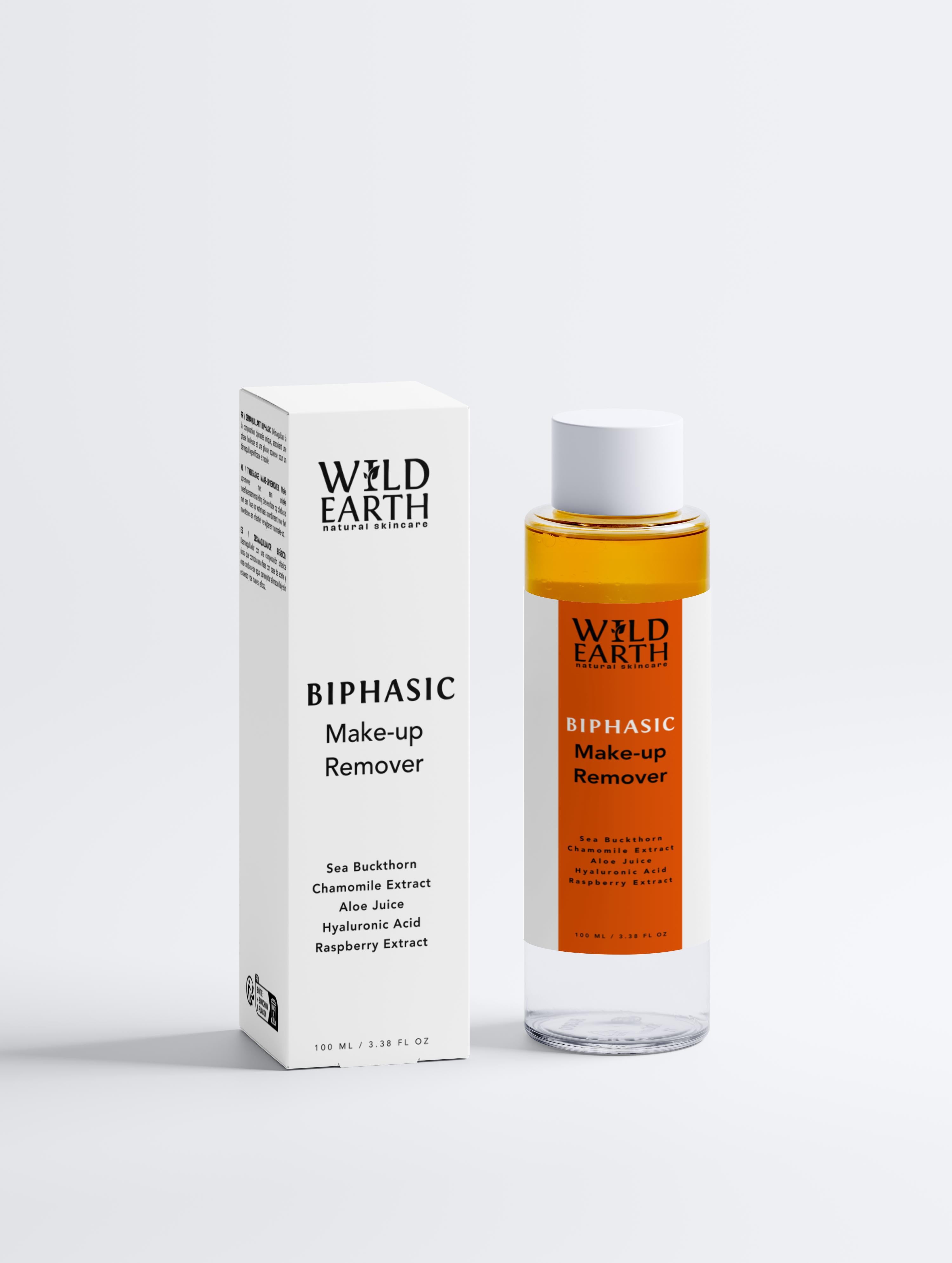Wild Earth Biphasic Make-up Remover bottle and packaging on a white background