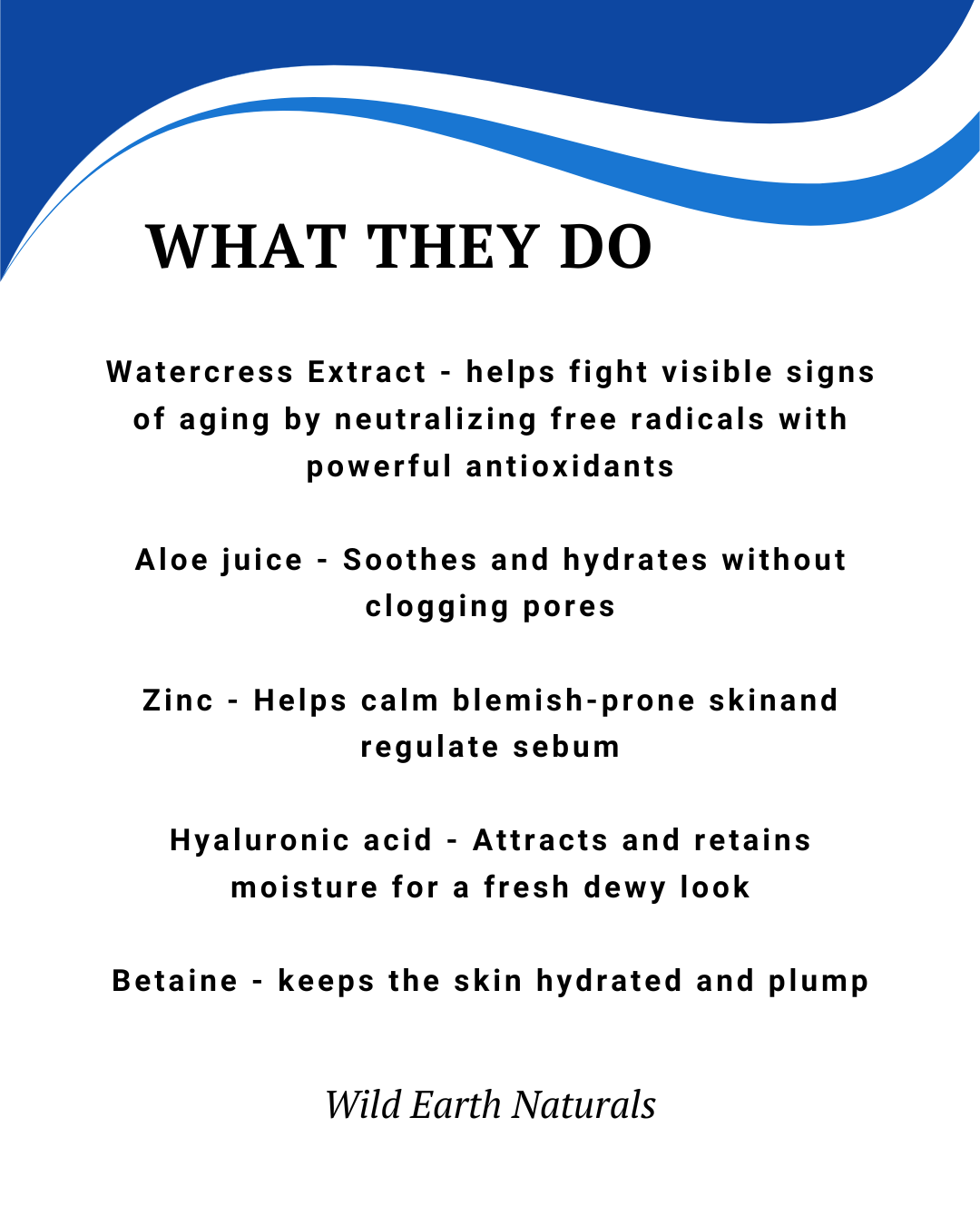 List of ingredients and their benefits with Wild Earth Naturals branding on a white background.