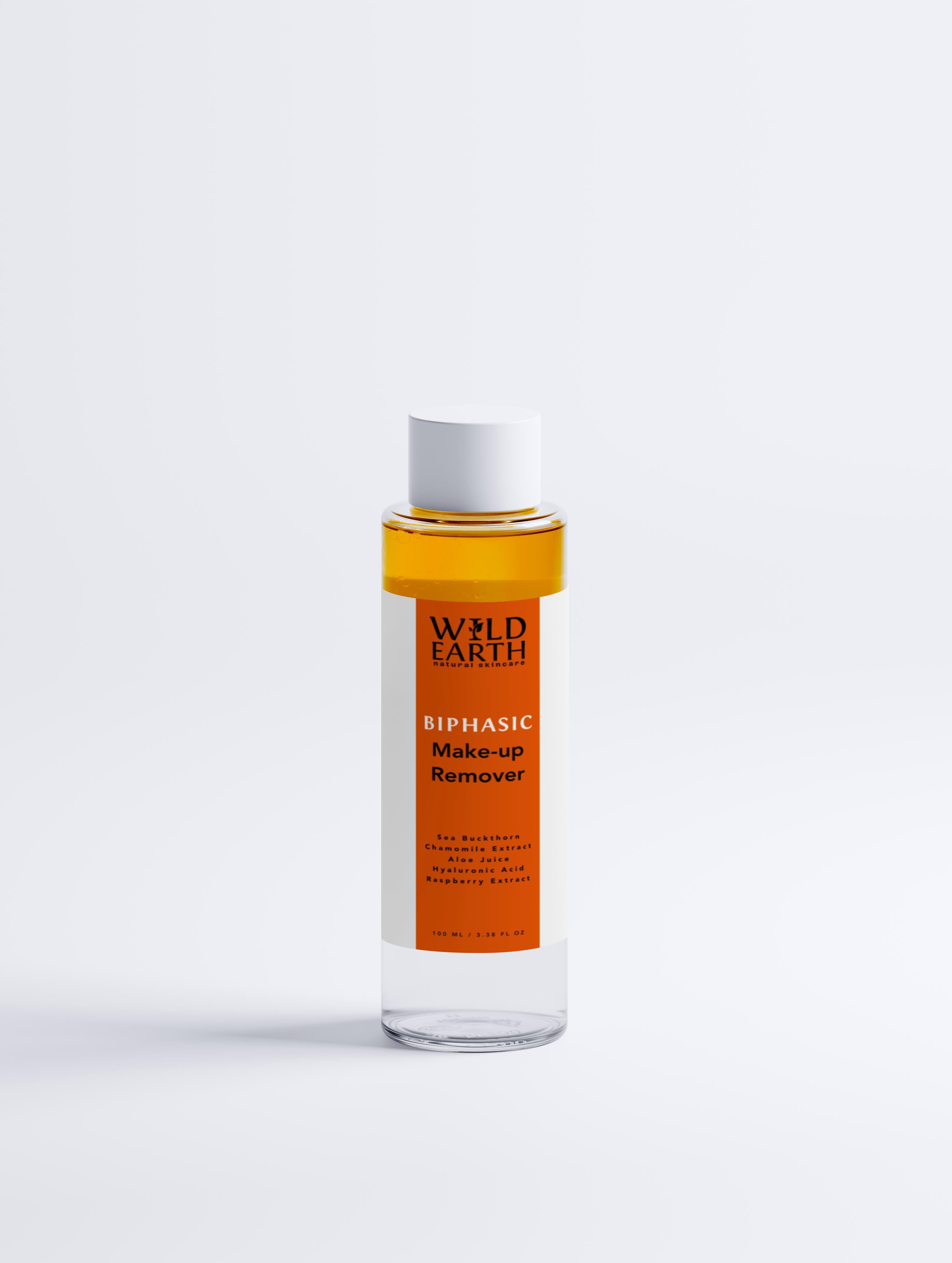Bottle of Wild Earth Biphasic Make-up Remover on a white background