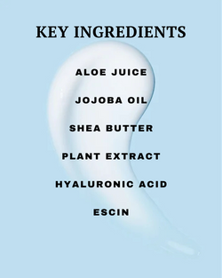 List of key ingredients for a skincare product on a light blue background