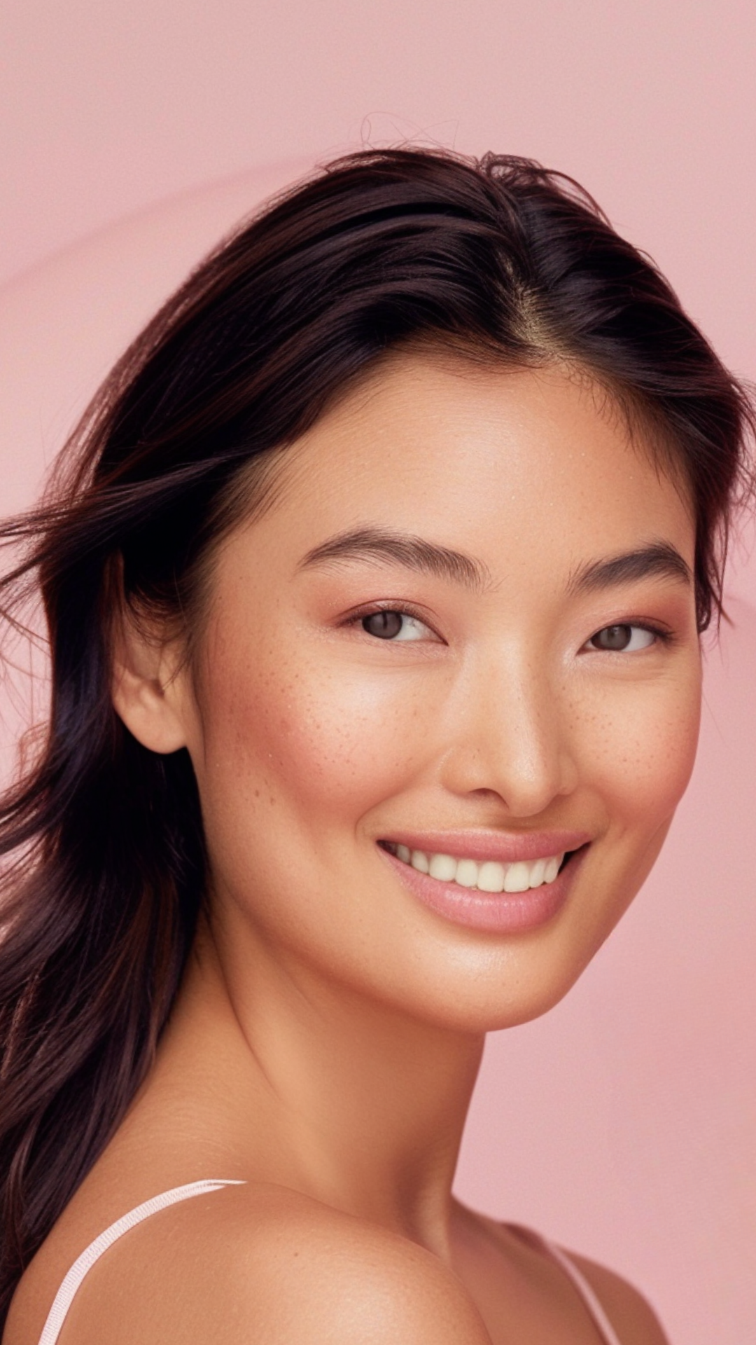 Woman with a soft smile against a pink background